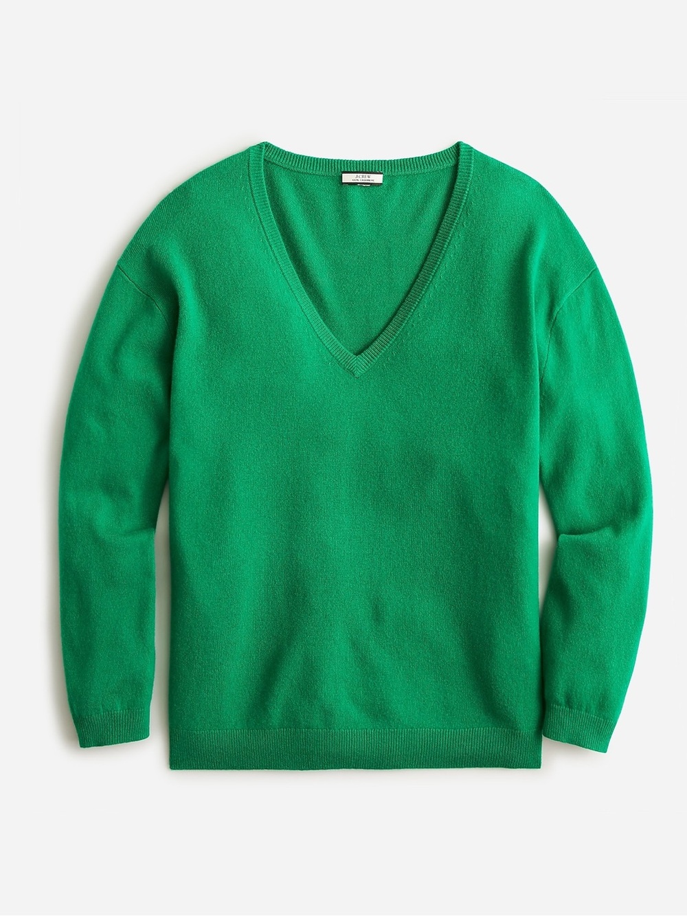 J. Crew Cashmere Relaxed V-Neck Sweater Brilliant Kelly Rib Trim Boxy Fit Green